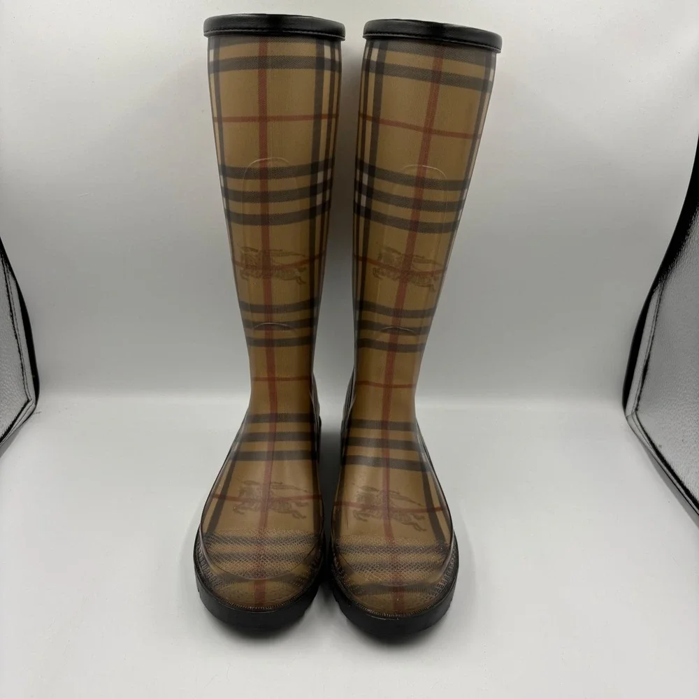 Burberry Rain Boots Women Size 38 Tan Nova Check Tall Haymarket Plaid